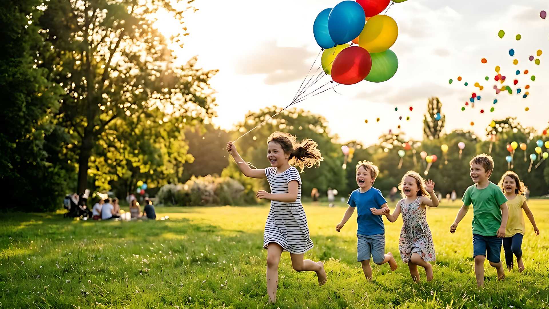 Kinder spielen fröhlich auf der Wiese